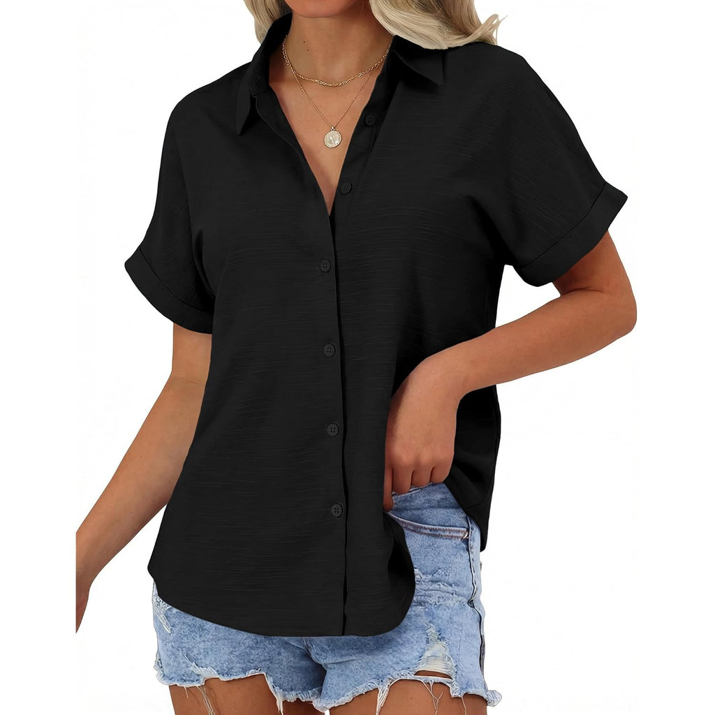 Jekaoyi Womens Button Down Shirts, Cotton Linen Short Sleeve Button Up Shirt Casual Spring Blouses Summer Vacation Tops