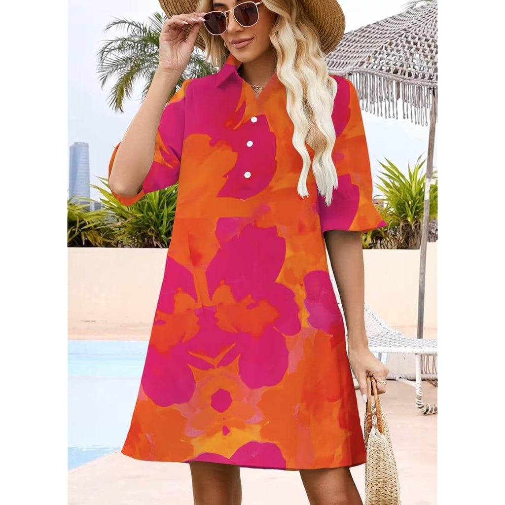 Wkior Women'S Casual Shirt Dress Button Down Ruffle Sleeve Shift Summer Mini Dresses With Pockets