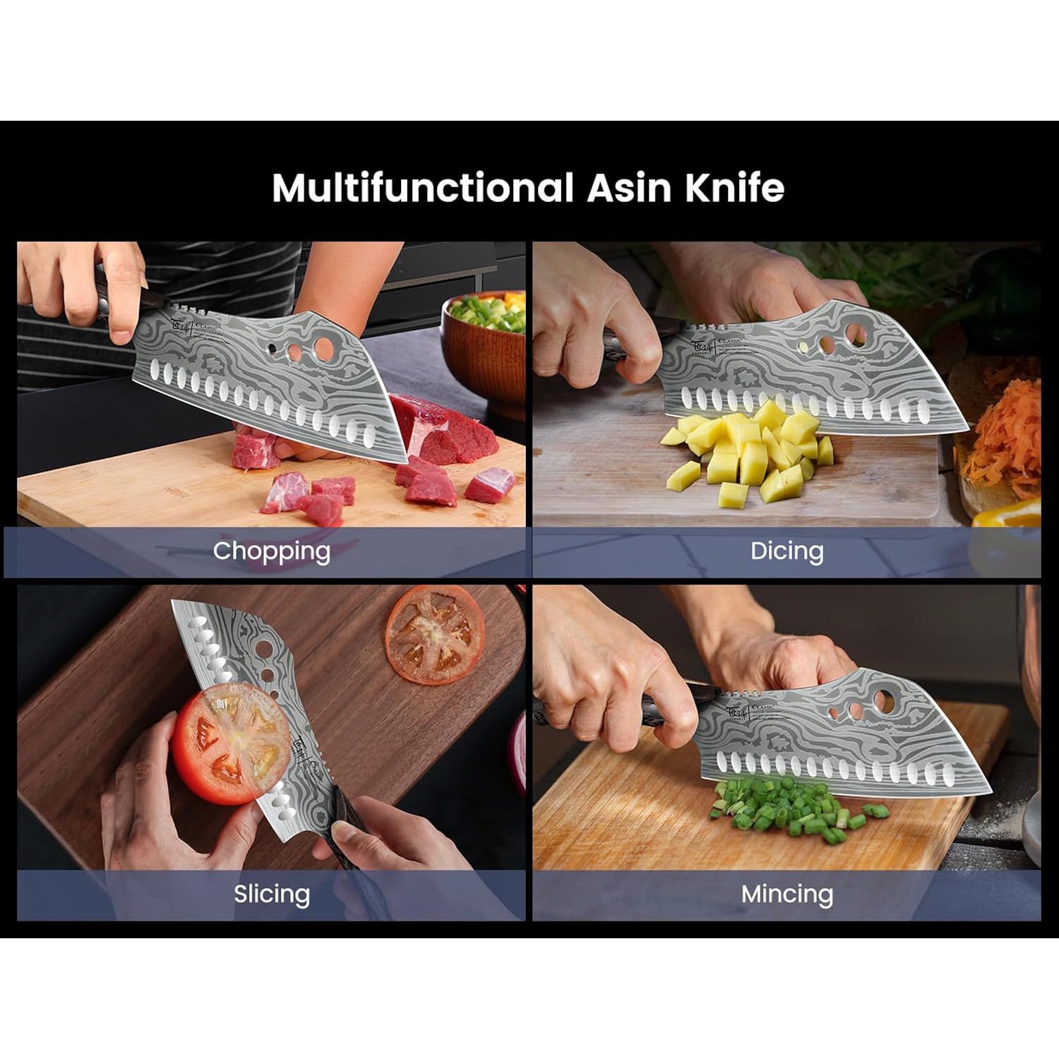 Cleaver Chef Knife With Herb Stripper, 7" Asian Kitchen Knife 3-In-1 Combined With Chef'S Knife, Santoku, Nakiri For Slicing, Chopping, Dicing, Mincing, Housewarming Birthday Cooking Gifts