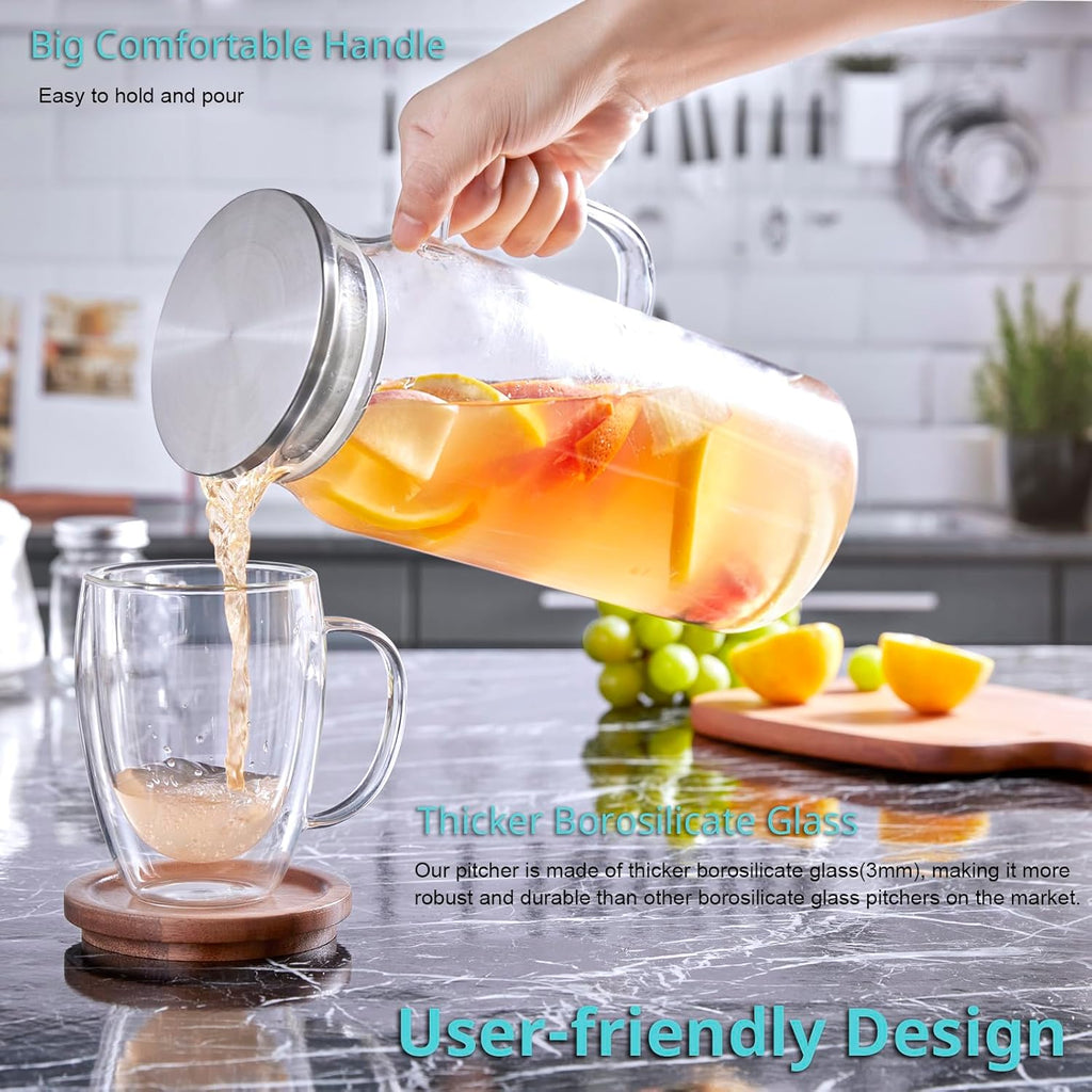 Bivvclaz 2 Liter 68 oz Glass Pitcher with Lid and Handle, Glass Carafe for Hot/Cold Water, Large Iced Tea Pitcher for Coffee, Juice and Homemade Beverage