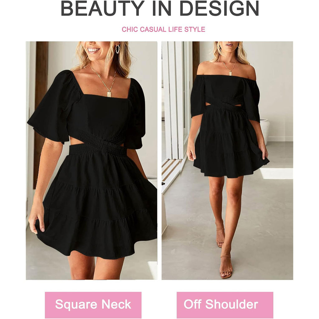 Wimsihal Women'S Summer Dresses Square Neck Casual Short Sleeves Elastic Waist Party Mini Dress