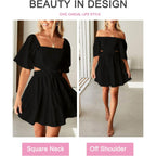 Wimsihal Women'S Summer Dresses Square Neck Casual Short Sleeves Elastic Waist Party Mini Dress