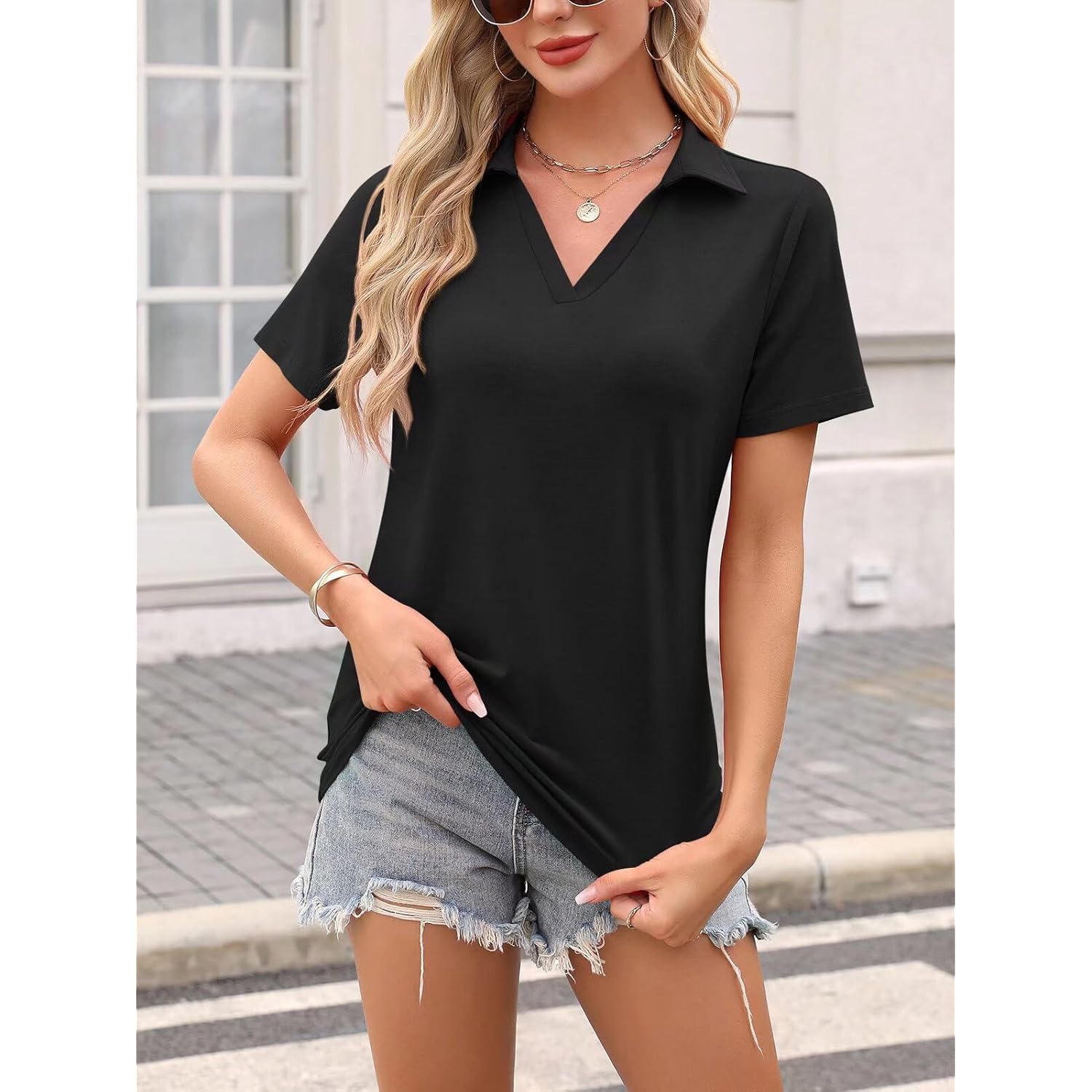 Women's Short Sleeve V Neck Polo Shirts Summer Collared Tops Casual Loose Tees Tops