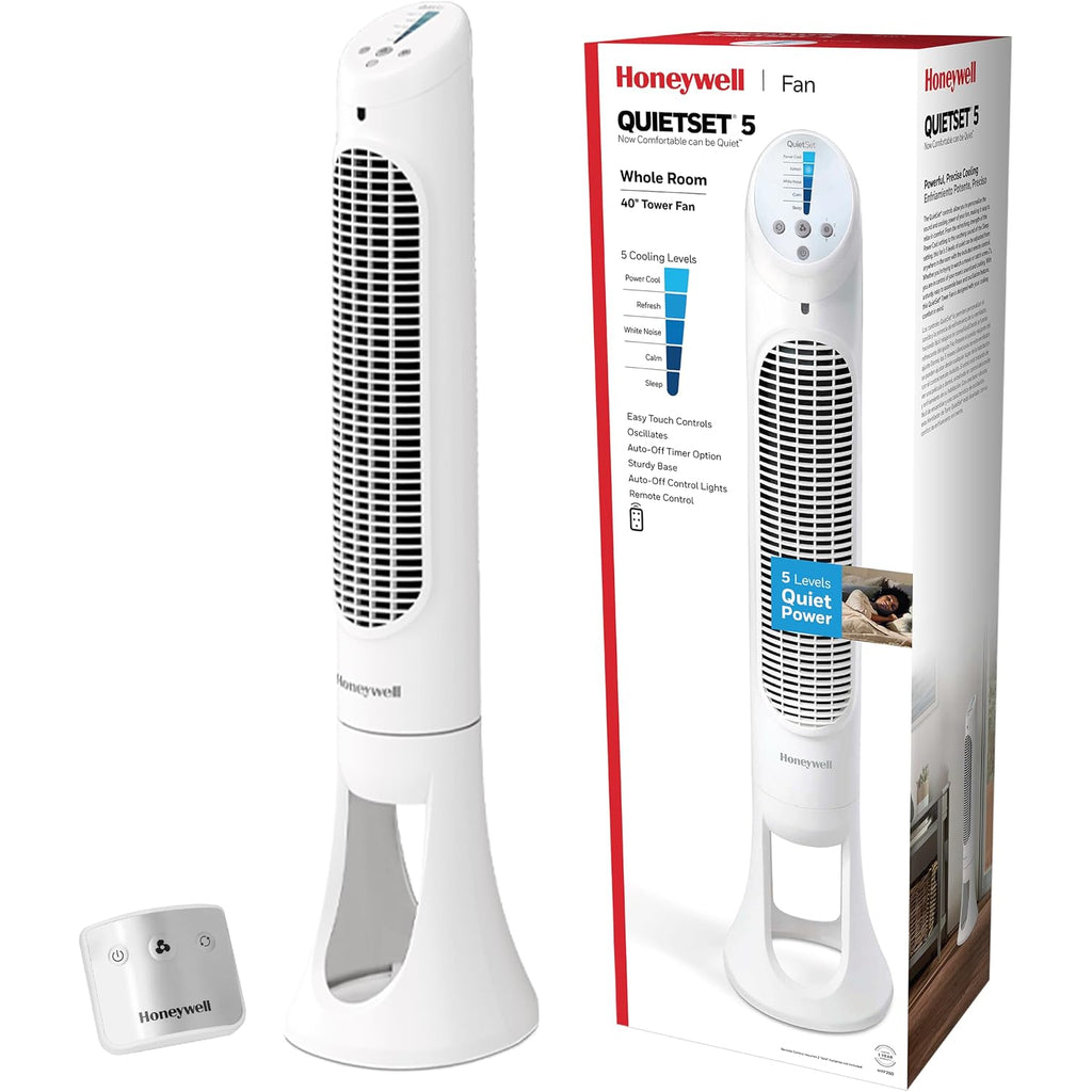 Honeywell Quietset Whole Room Oscillating Tower Fan With Remote, White, Hyf260