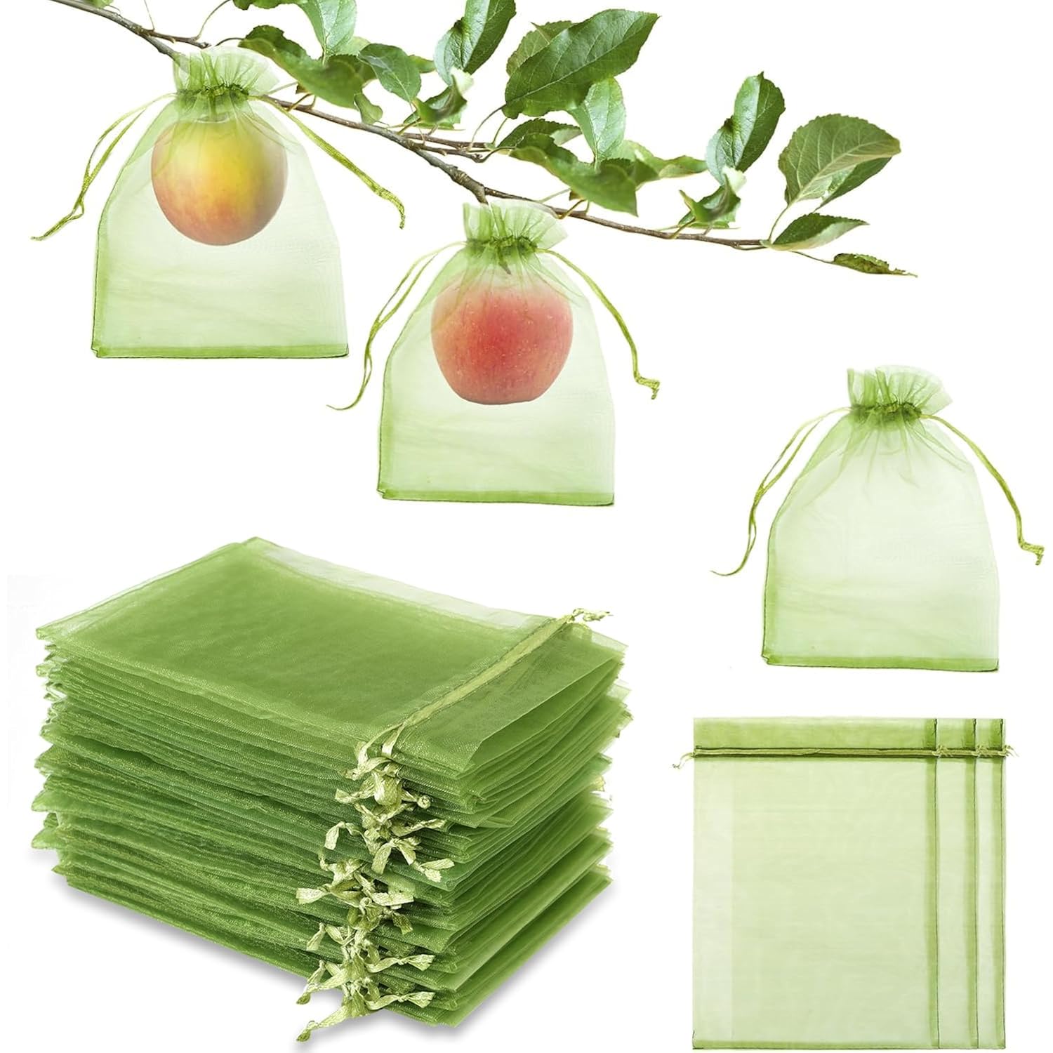 50 Pcs 6X9 Inches Fruit Protection Bags, Fruit Bags For Fruit Trees | Green Netting Fruit Cover Bags Drawstring Mesh Fruit Protectors