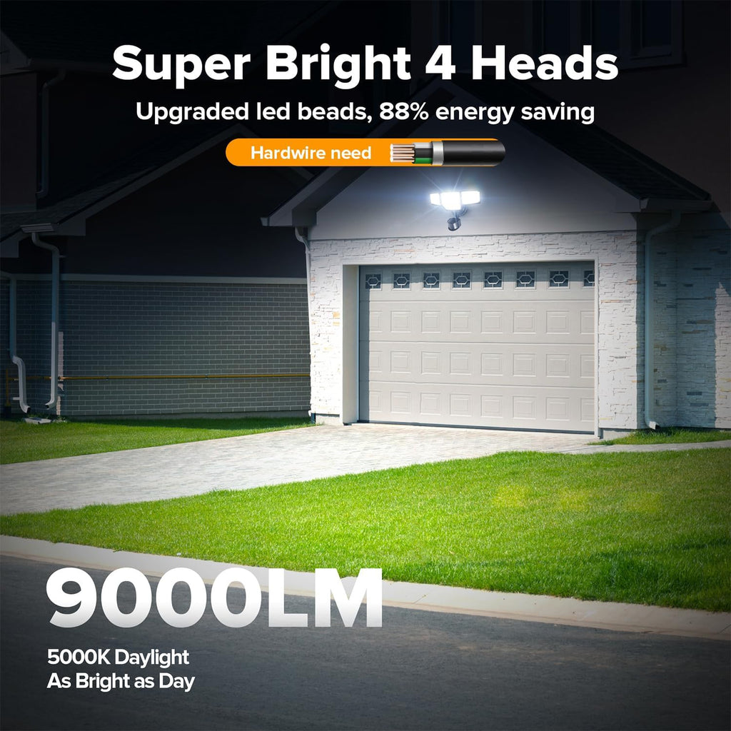 Lutec 80W 9000Lm Led Security Light Hardwire Motion Sensor Outdoor Lights, 4 Head Led Flood Lights Outdoor 5000K Daylight, Ip65 Waterproof, Motion Detected Lights For Outside, Garage, Yard (Black)