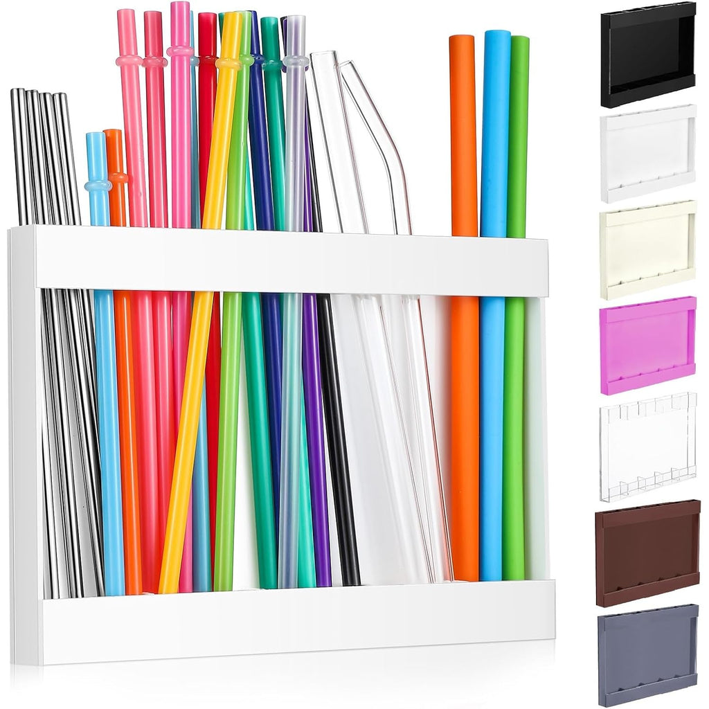 Qinyoung Acrylic Straw Holder For Cabinet Door With Double Sided Adhesive Tape Reusable Straw Organizer Tumbler Storage Kitchen Accessories Container For Counter Cupboard(Classic,Large,White)