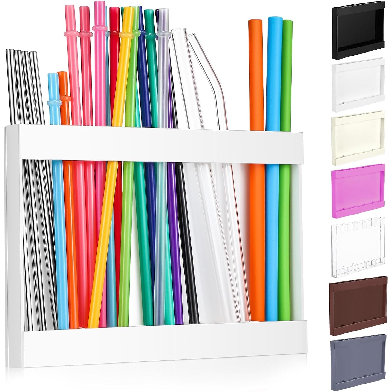 Qinyoung Acrylic Straw Holder For Cabinet Door With Double Sided Adhesive Tape Reusable Straw Organizer Tumbler Storage Kitchen Accessories Container For Counter Cupboard(Classic,Large,White)