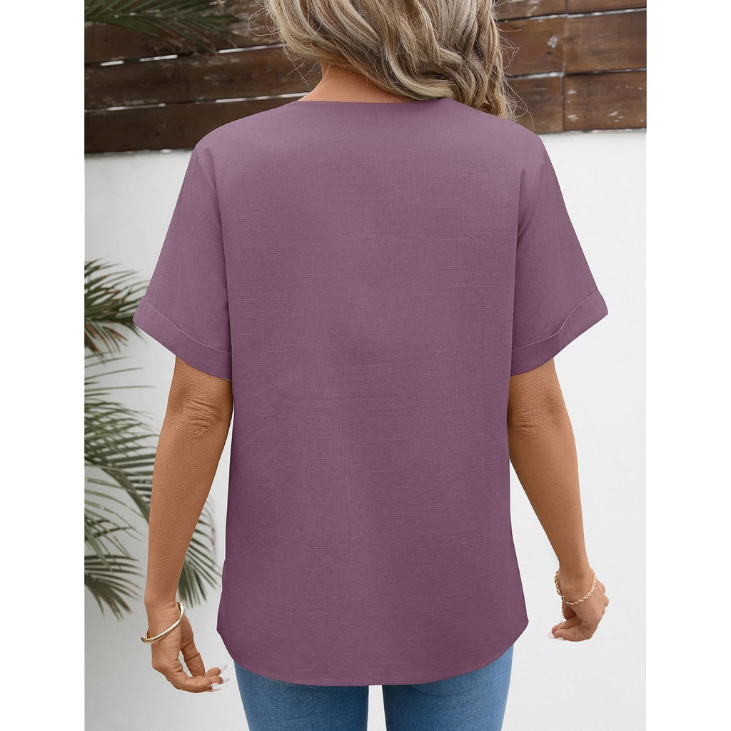 Lomon Womens Short Sleeve Tops Cotton Linen Shirts Loose Casual V Neck Lace Blouses Summer Vacation Clothes