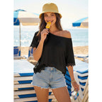 Womens Summer Tops 2026 Oversized Short Sleeve Shirts Casual Loose Lace Patchwork Tshirt Fashion Outfits