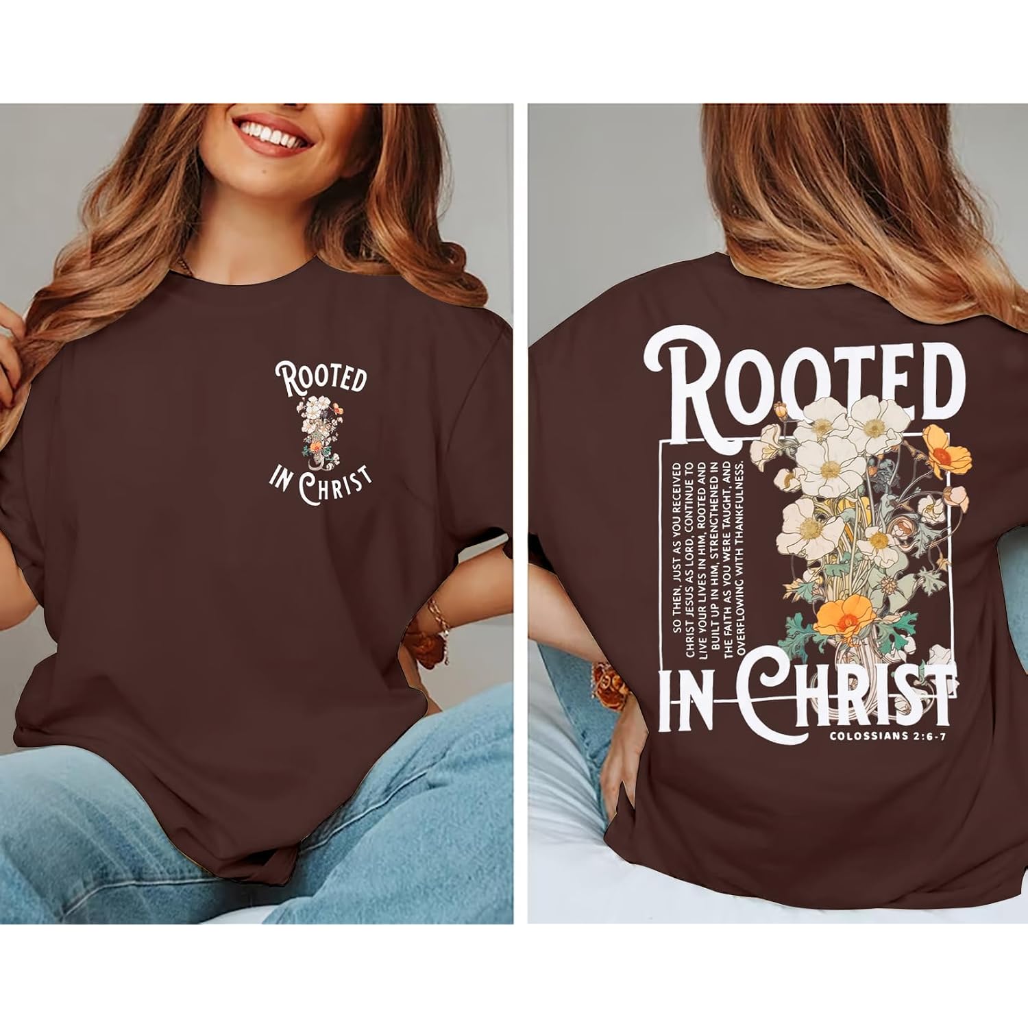 Rooted in Christ Shirt Christian Shirts for Women Jesus Oversized Tshirt Bible Verse Graphics Tees Tops Brown