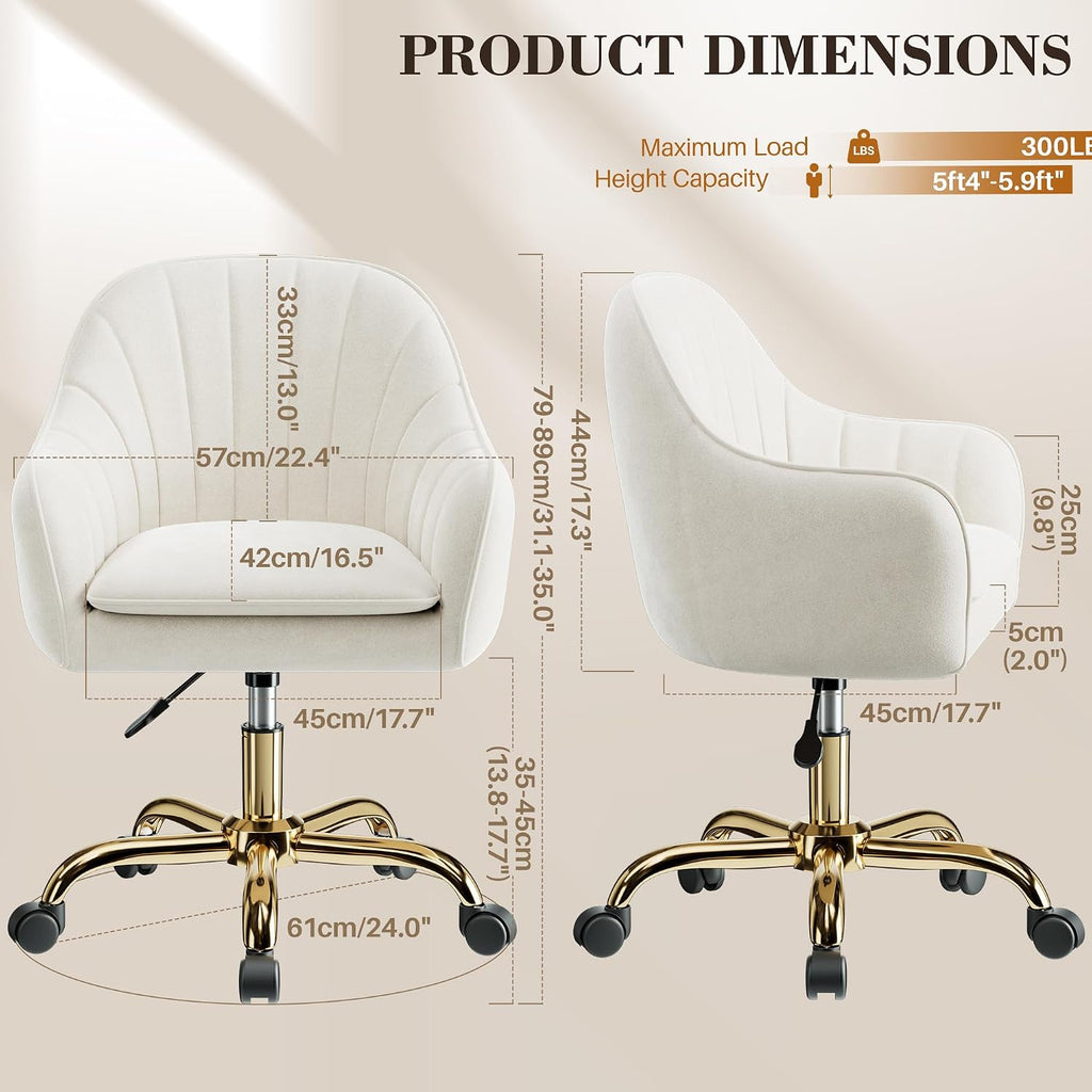 Vanity Chair With Wheels, Comfy Home Office Desk Chairs Adjustable Modern Velvet Makeup Vanity Chairs For Bedroom Living Room-Beige