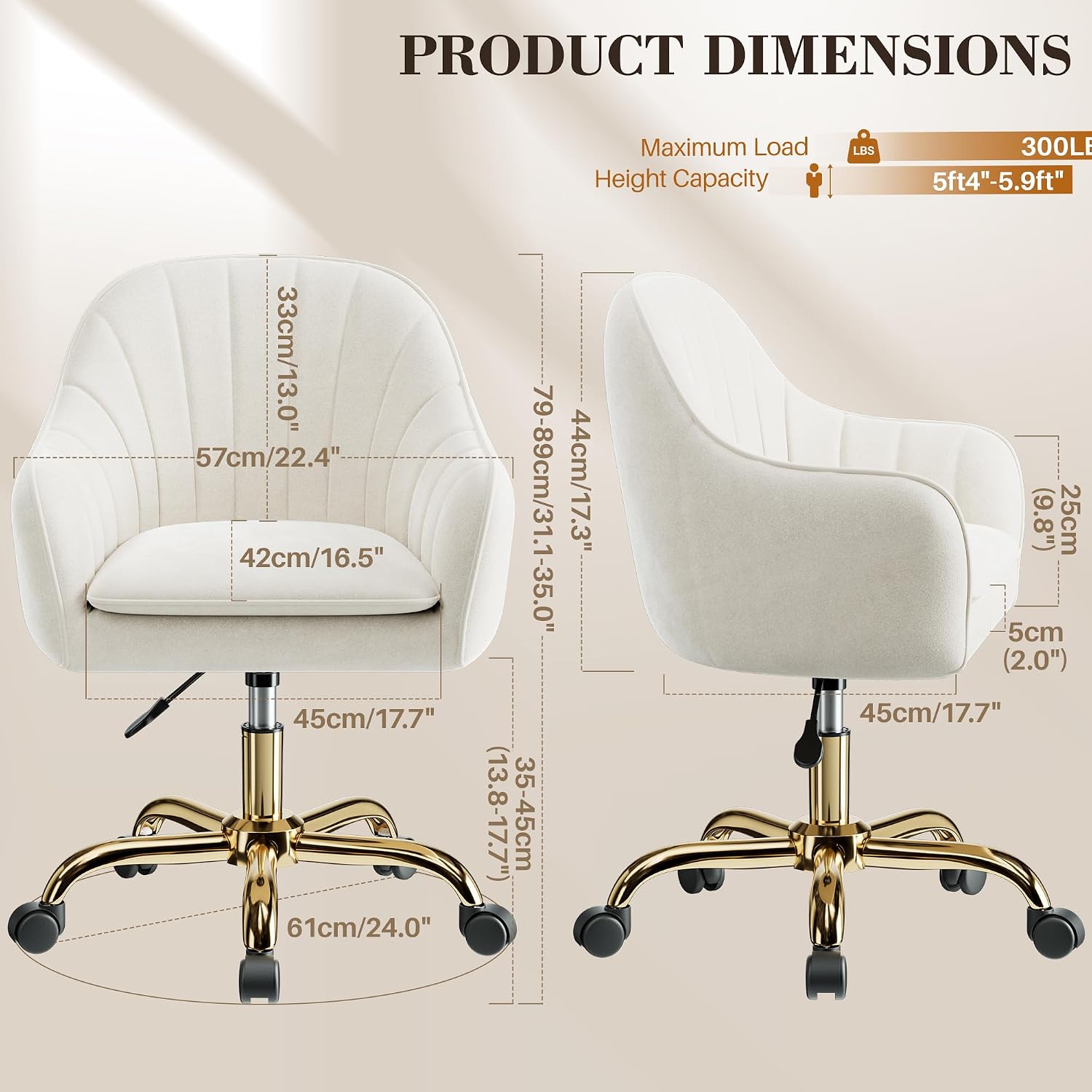 Vanity Chair With Wheels, Comfy Home Office Desk Chairs Adjustable Modern Velvet Makeup Vanity Chairs For Bedroom Living Room-Beige