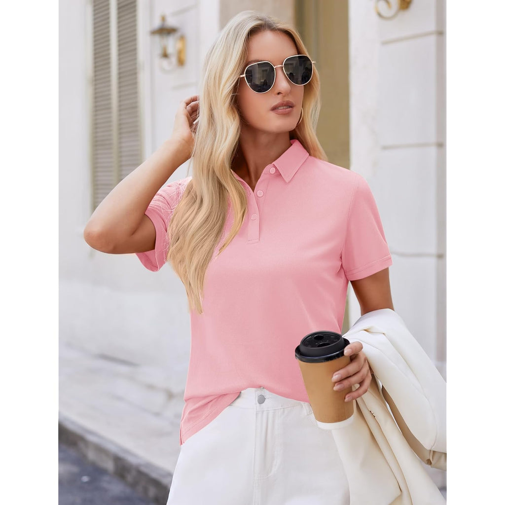 Polo Shirts for Women Short Sleeve 3 Button Collared Golf Tee Cotton Business Casual Summer Work Tops