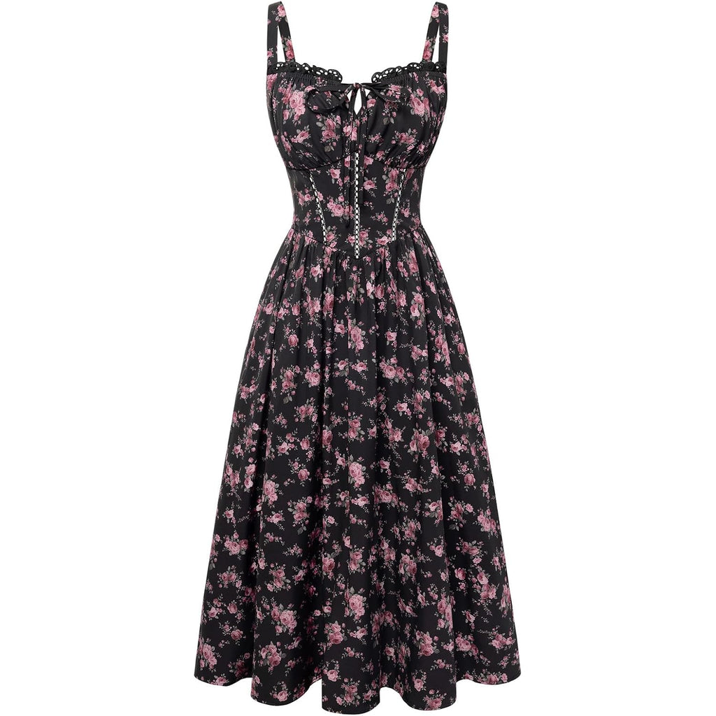 Scarlet Darkness Women 2026 Floral Corset Dress Summer Milkmaid Sundress | Cutout Waist, Smocked Back, Pockets, For Casual, Wedding Guest, Tea Party, Vacation