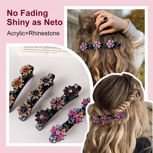 2 Pcs Sparkling Crystal Stone Braided Hair Clips, 2024 New Satin Fabric Hair Bands Rhinestone Four-Leaf Clover Hair Clip,Duck Bill Clips For Women Girls (4 Pcs)