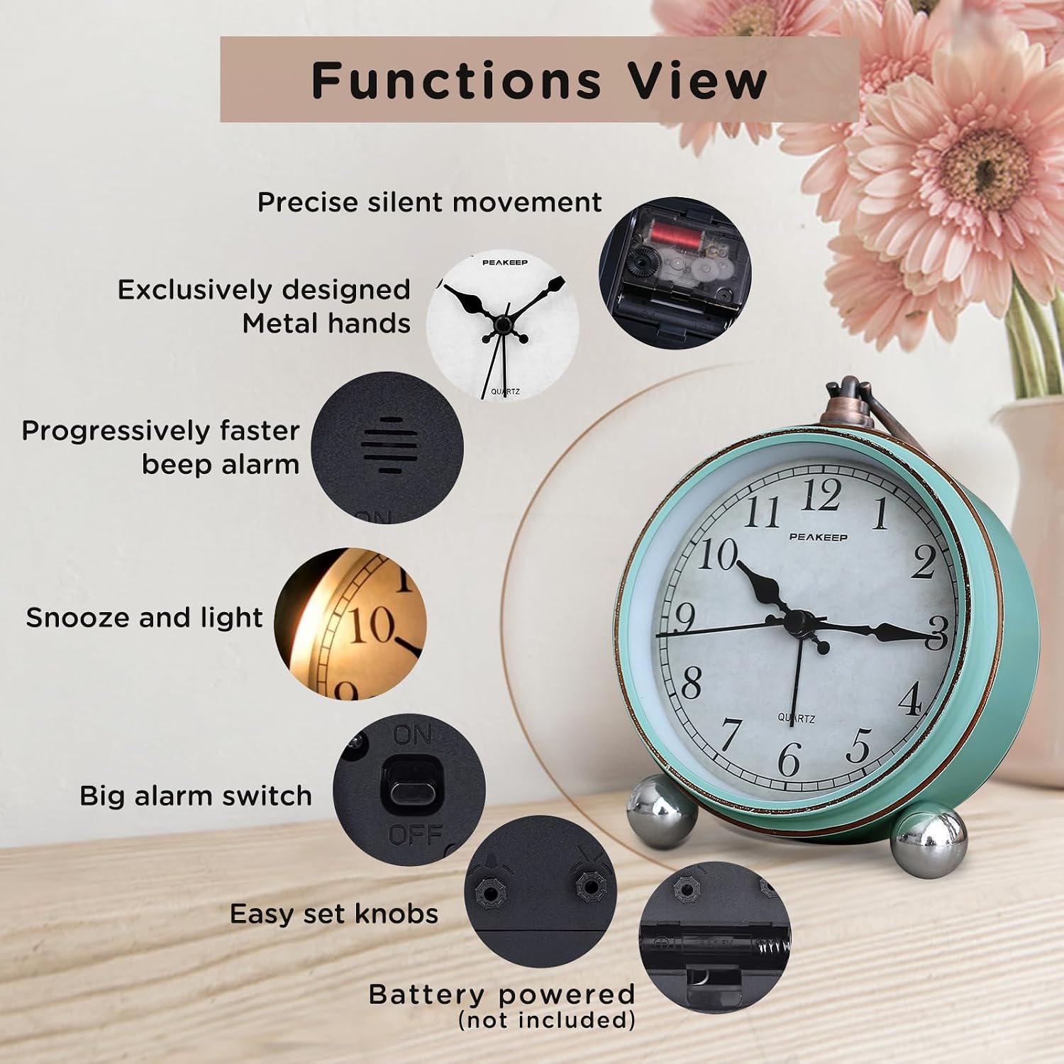 Peakeep 4" Small Battery Operated Antique Retro Analog Alarm Clock | With Contour Lines In Gold For Room Decor, Silent Elegant Bedside Desk Table Gift Clock