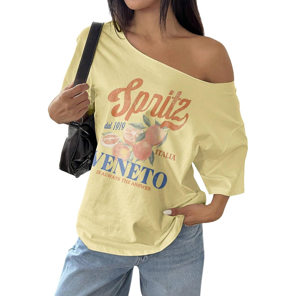 SOLY HUX Women's Off The Shoulder Graphic Tees Oversized Tops Short Sleeve Drop Shoulder Summer Baggy Tshirts Yellow Letter