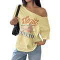 SOLY HUX Women's Off The Shoulder Graphic Tees Oversized Tops Short Sleeve Drop Shoulder Summer Baggy Tshirts Yellow Letter