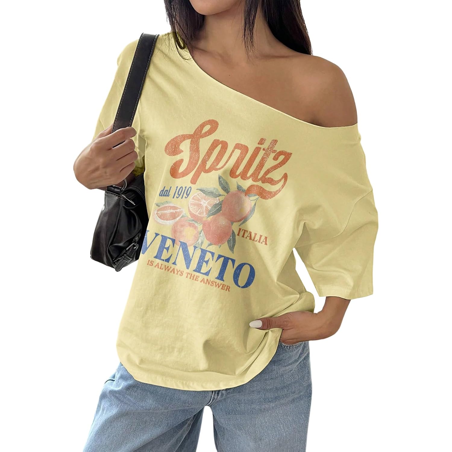 SOLY HUX Women's Off The Shoulder Graphic Tees Oversized Tops Short Sleeve Drop Shoulder Summer Baggy Tshirts Yellow Letter