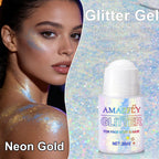 Roll-on Body Glitter Gel Holographic for Face and Hair,Body Glitter Gel Makeup for Kids Women,Body Shimmer Christmas Makeup for Rave Party.(Neon Gold)