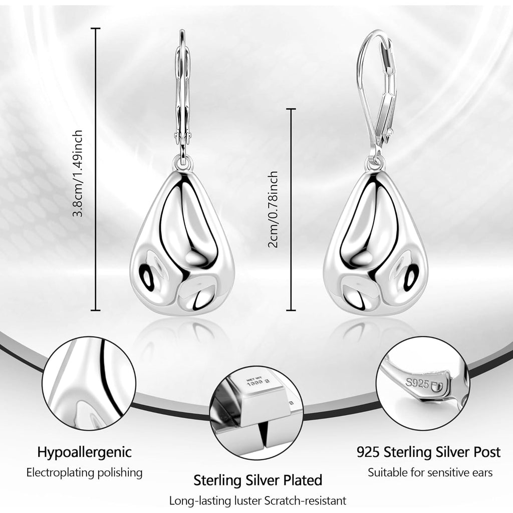 925 Sterling Silver Teardrop Dangle Earrings, Hypoallergenic 14k Gold Plated Hammered Waterdrop Earring for Women Trendy Statement Dangling Drop Leverback Earrings Gifts in Jewelry Box