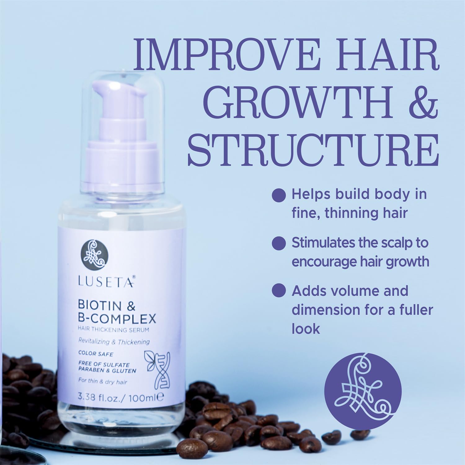 Luseta Biotin B-Complex Hair Growth Serum For Thin Hair, 3.38 Oz | Biotin Caffeine Hair Growth Serum For Thin, Dry Hair; Helps Strengthen, Smooth Frizz, Add Shine And Fuller-Looking Volume