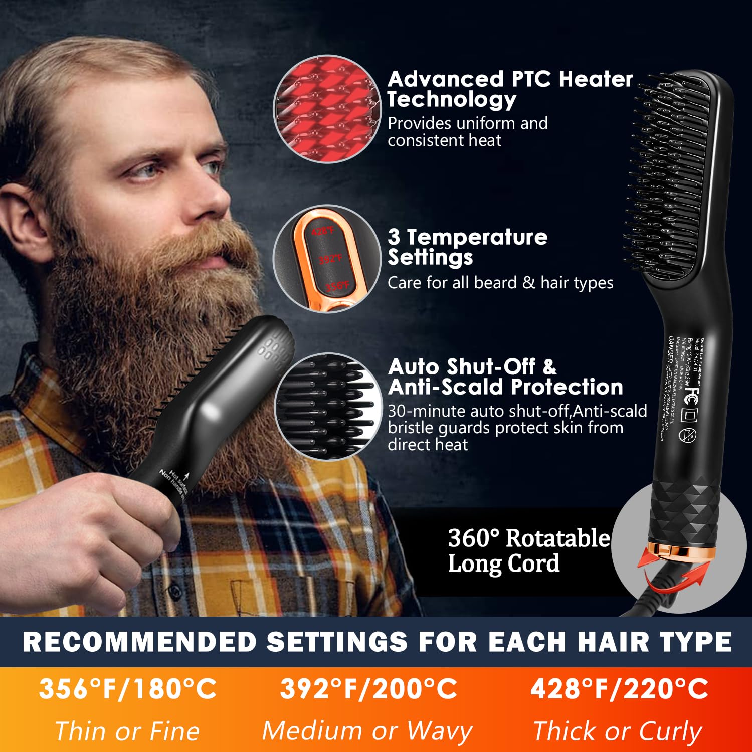 Beard Straightener for Men w/Beard Oil, Balm, Comb & E-Book for All Beard Type,w/Dual Voltage Travel-Friendly,Auto Shut-Off,Anti-Scald Feature Heated Straightening Brush Kit,Unique Gifts for Men Him
