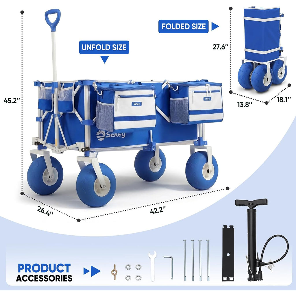 Sekey Heavy Duty Beach Wagon With 9" Big Sand-Proof Wheels, 300L Oversized Foldable Beach Cart With Cooler| Adjustable Handle & Balloon Tires For Sand, Camping,Vacation