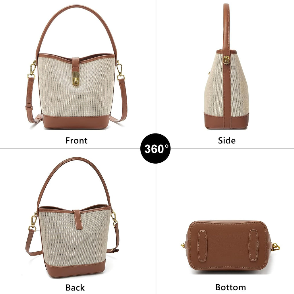 Foxlover Coated Canvas Bucket Crossbody Bags For Women Top-Handle Handbags Small Satchel Purse Trendy Twist Lock