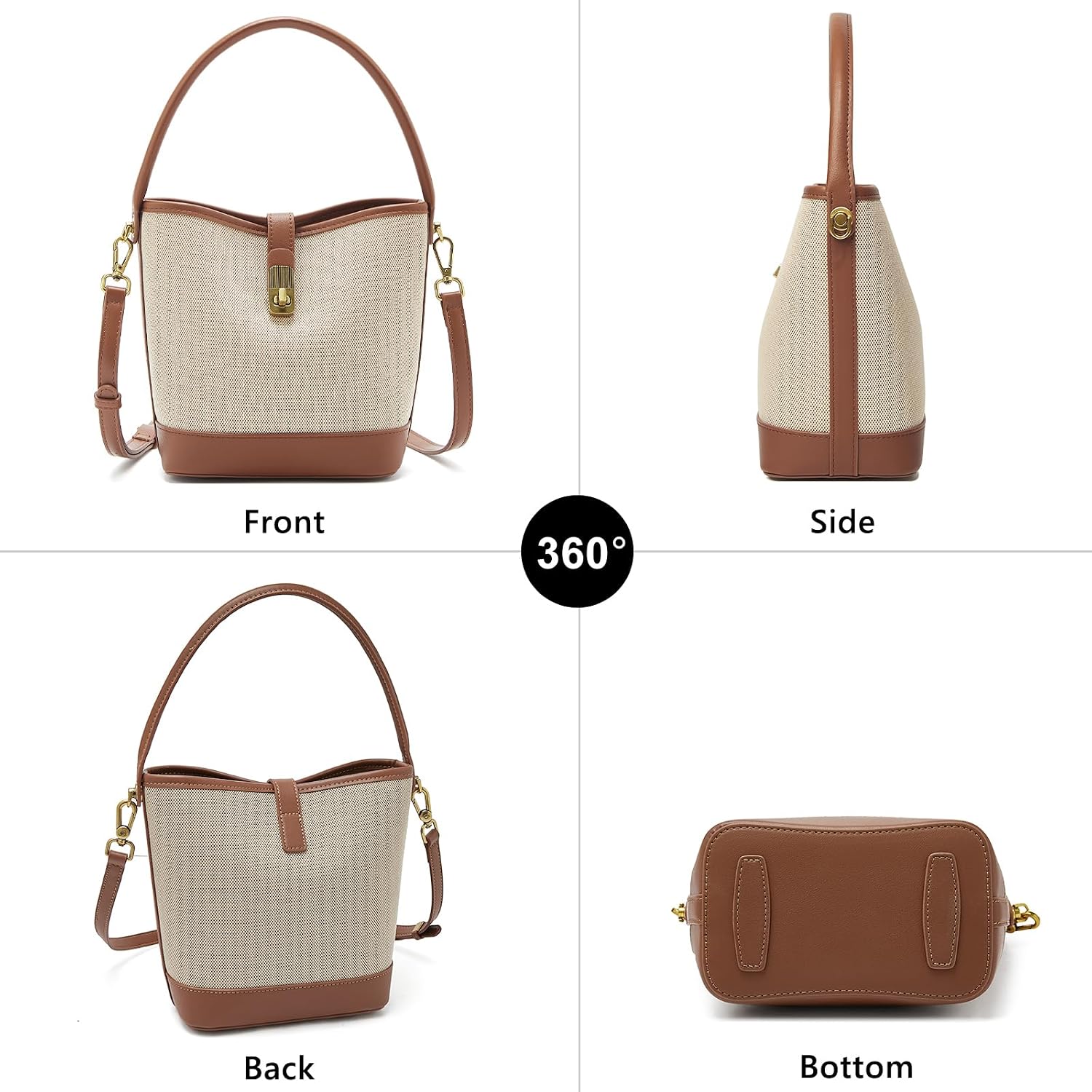 Foxlover Coated Canvas Bucket Crossbody Bags For Women Top-Handle Handbags Small Satchel Purse Trendy Twist Lock