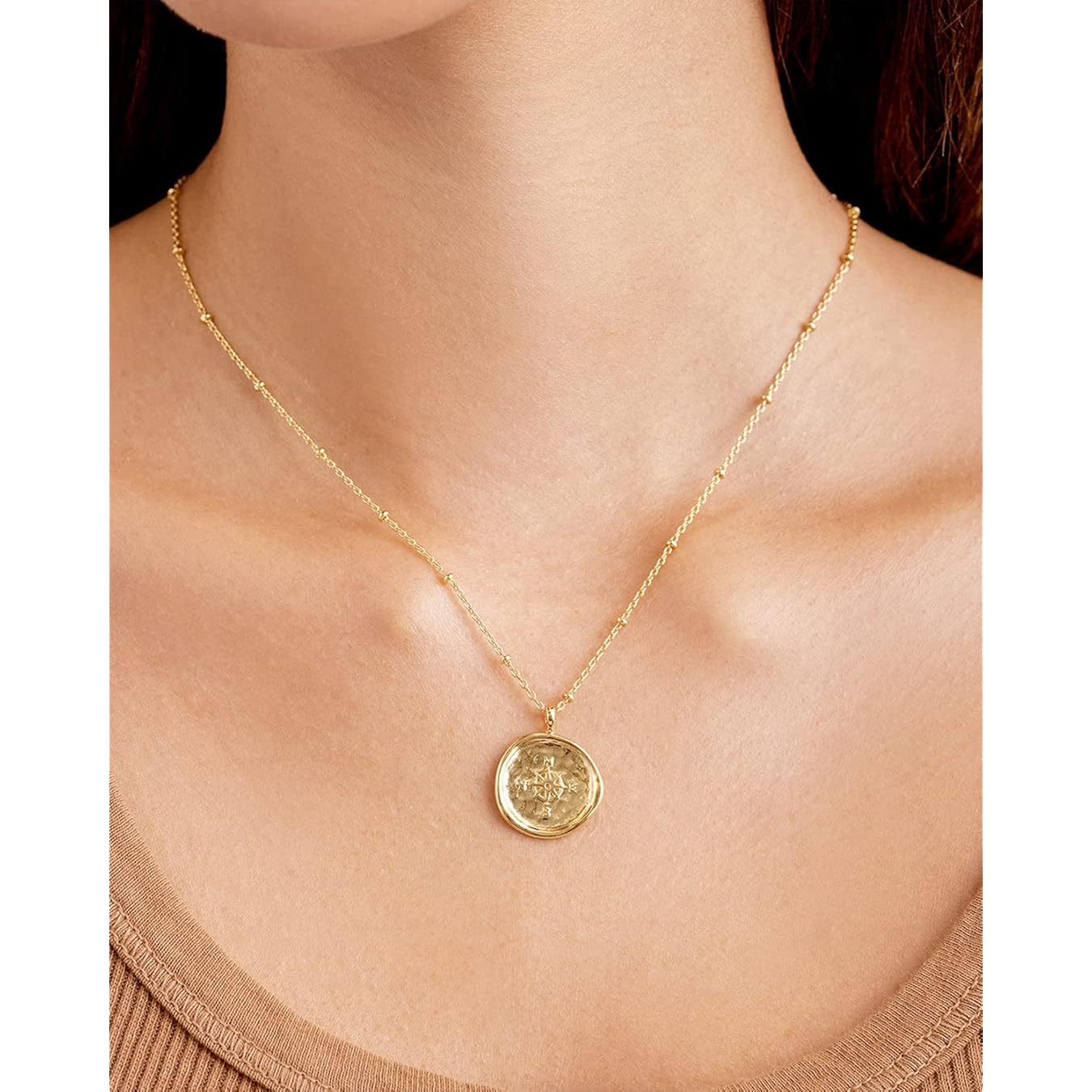 gorjana - Compass Coin Pendant Necklace 3/4 inch - 18k Gold or Silver Plated - Adjustable 17-19 inch Chain - Spring Ring Closure - Long-Lasting