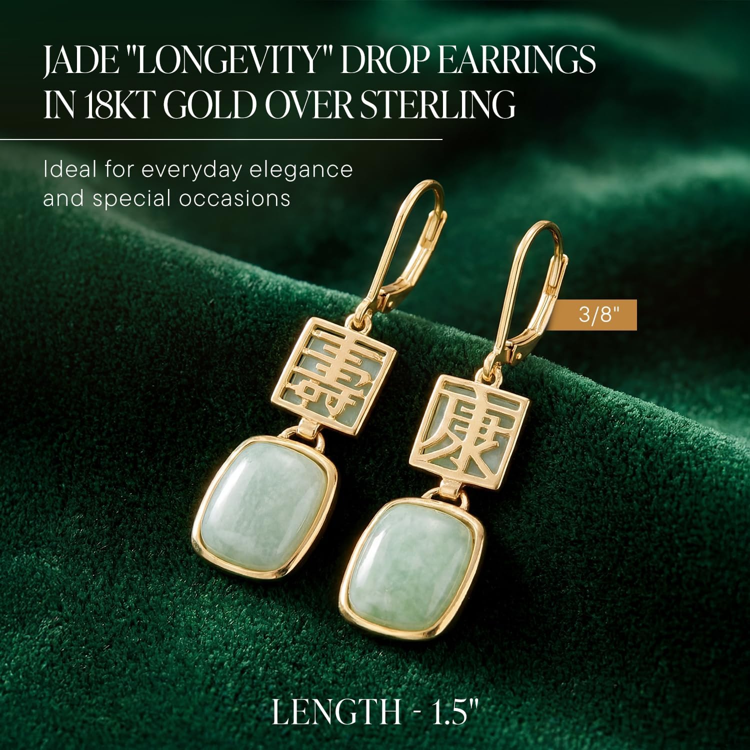 Ross-Simons Jade Longevity Drop Earrings in 18kt Gold Over Sterling, Earrings for Women, Jewelry, Christmas, Birthday Gift, 1.5"
