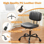 Sweetcrispy Small Office Desk Chair, Armless Pu Leather With Comfy Lumbar Support, Height Adjustable Rolling Swivel Task For No Arms, For Adult, Student, Bedroom, Home, Vanity, Black