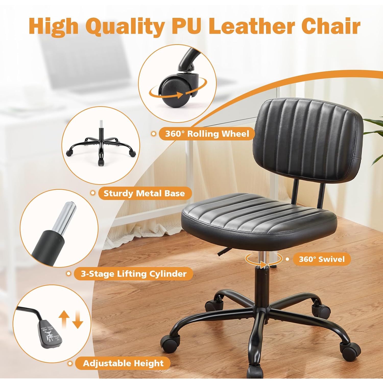 Sweetcrispy Small Office Desk Chair, Armless Pu Leather With Comfy Lumbar Support, Height Adjustable Rolling Swivel Task For No Arms, For Adult, Student, Bedroom, Home, Vanity, Black