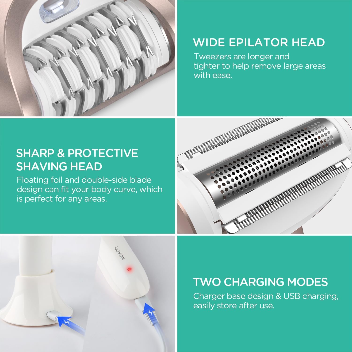 VOYOR Epilator for Women, 3 in 1 Epilator Hair Removal for Women, Epilators Hair Remover for Leg Arm with 30 Tweezers, Rechargeable & Cordless Electric Lady Shaver & Trimmer BM300 (Champagne Gold)