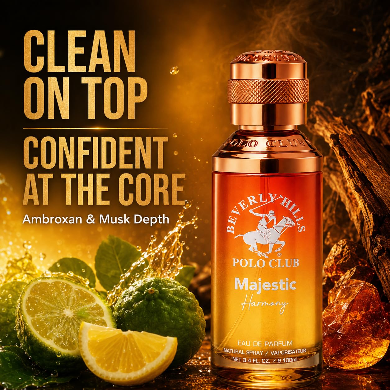 Beverly Hills Polo Club Majestic Harmony Eau De Parfum For Men 3.4 Fl Oz - Fresh Citrus & Ginger Cologne - Long-Lasting Bergamot, Ambroxan & Musk Scent - Ideal For Everyday & Special Occasions