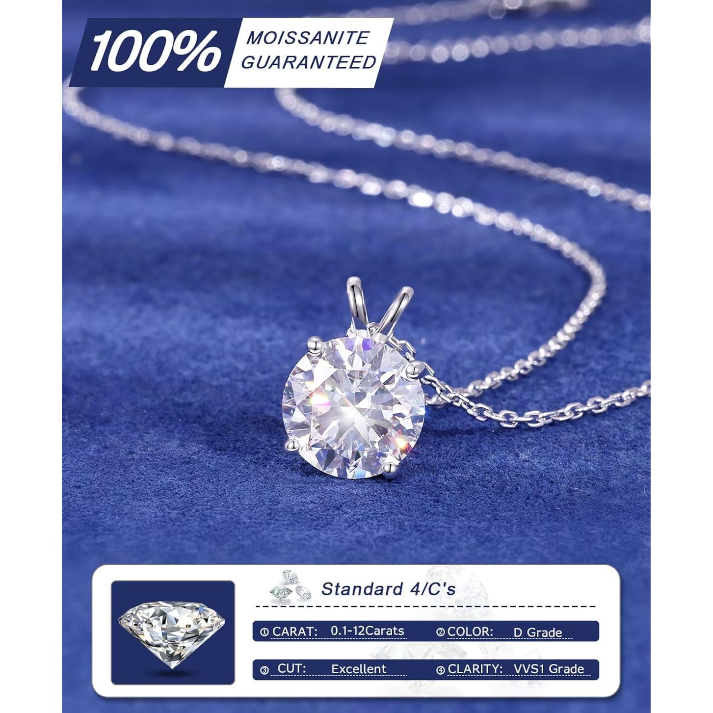 TUHE Moissanite Necklace 0.1-12 Carats 18K Gold Vermeil 925 Sterling Silver Necklace 3-15MM Solitaire D Color VVS1 Round Lab Created Moissanite Pendant Dainty Gold Necklaces for Women Jewelry Gifts