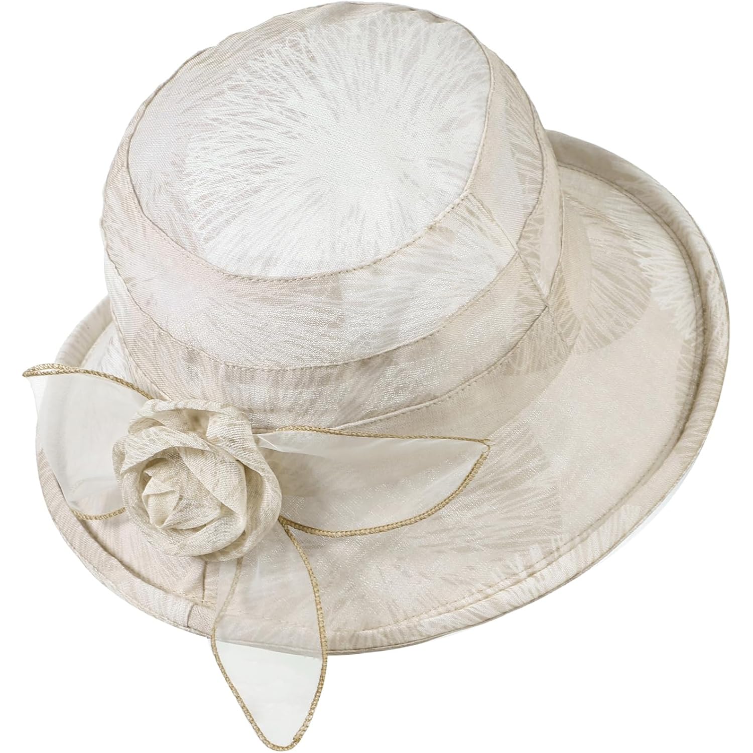 Women Flower Bowler Sun Hat Wide Brim Cloche Bucket Hat Foldable Breathable Wedding Church Tea Party Fascinator Beige