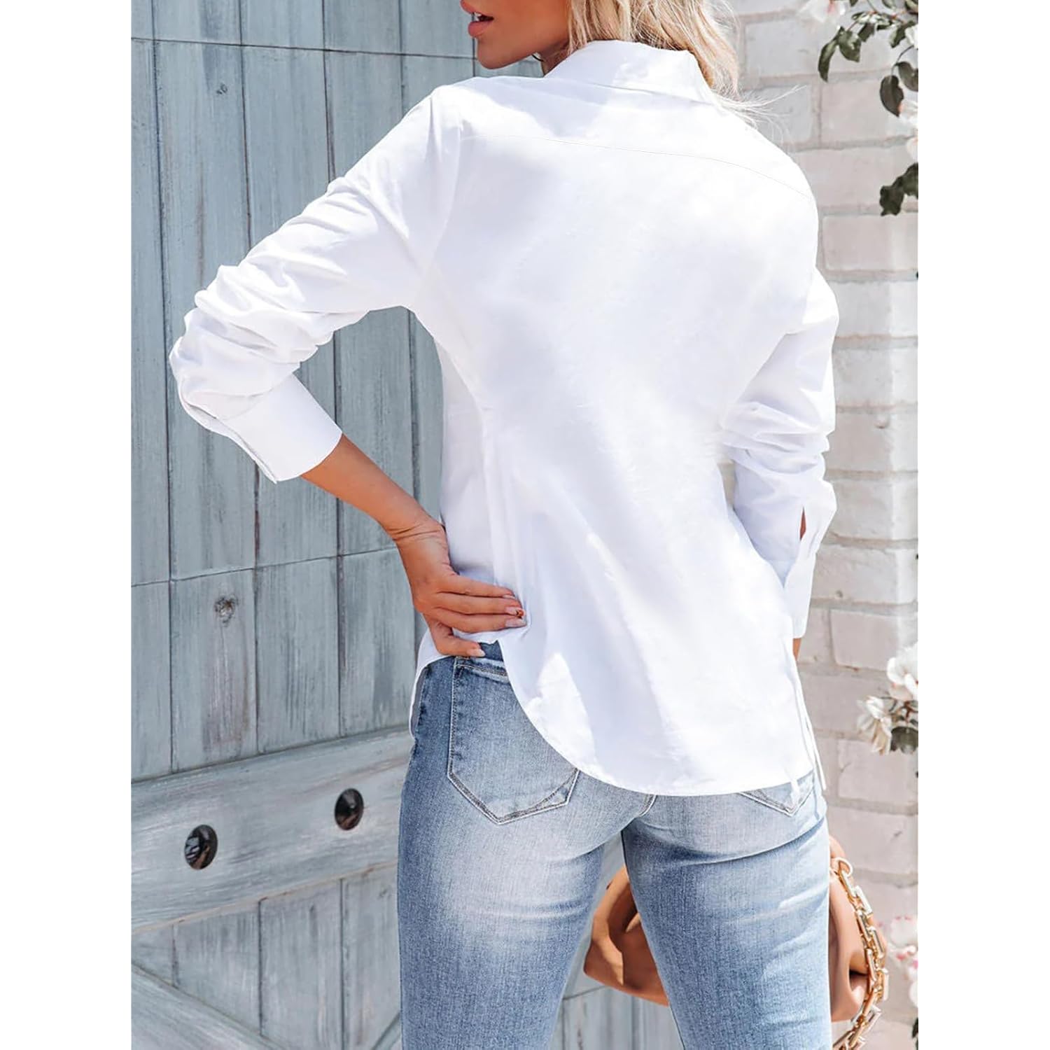 Button Down Shirts for Women Long Sleeve Dress Shirts Wrinkle Free Collared Work Office Solid Blouses Corset Tops