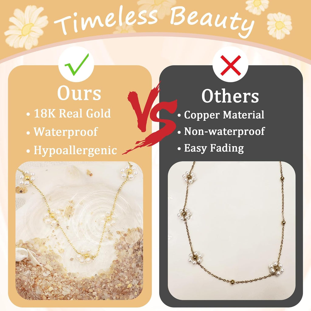 SmileBelle Pearl Necklaces, Daisy Pearls Choker for Women's Pearl Strand Necklaces as Silver and Gold Choker for Teens, Silver Daisy Birthday Gifts 3 Pearls White Necklace as Prom Bridesmaid gifts