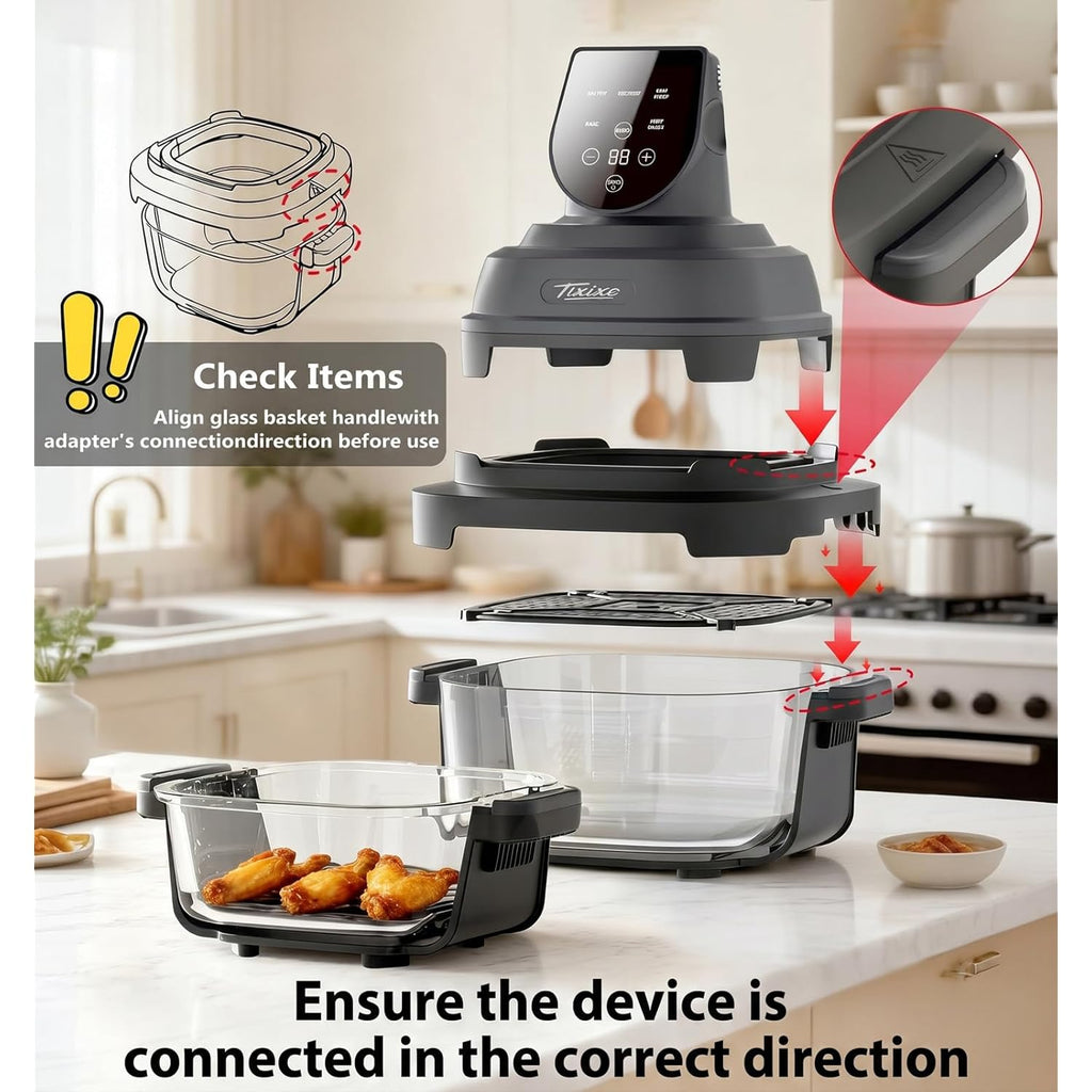 5-in-1 Glass Air Fryer for Healthy Oil-Free Cooking, Portable 1500W Countertop Cooker with 4QT & 6-Cup Glass Bowl, Non-Toxic Design & Dishwasher Safe for Single & Family Meals
