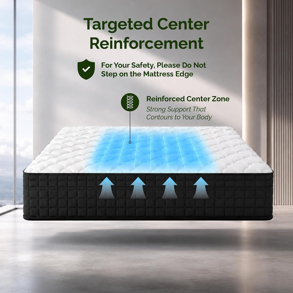 Full Size 12 Inch Hybrid Innerspring Mattress, Individual Pocket Coils Gel Memory Foam, Medium Soft Black & White Cover, Fiberglass Free Certipur-Us Certified Compressed Bed In A Box, 54" X 75"