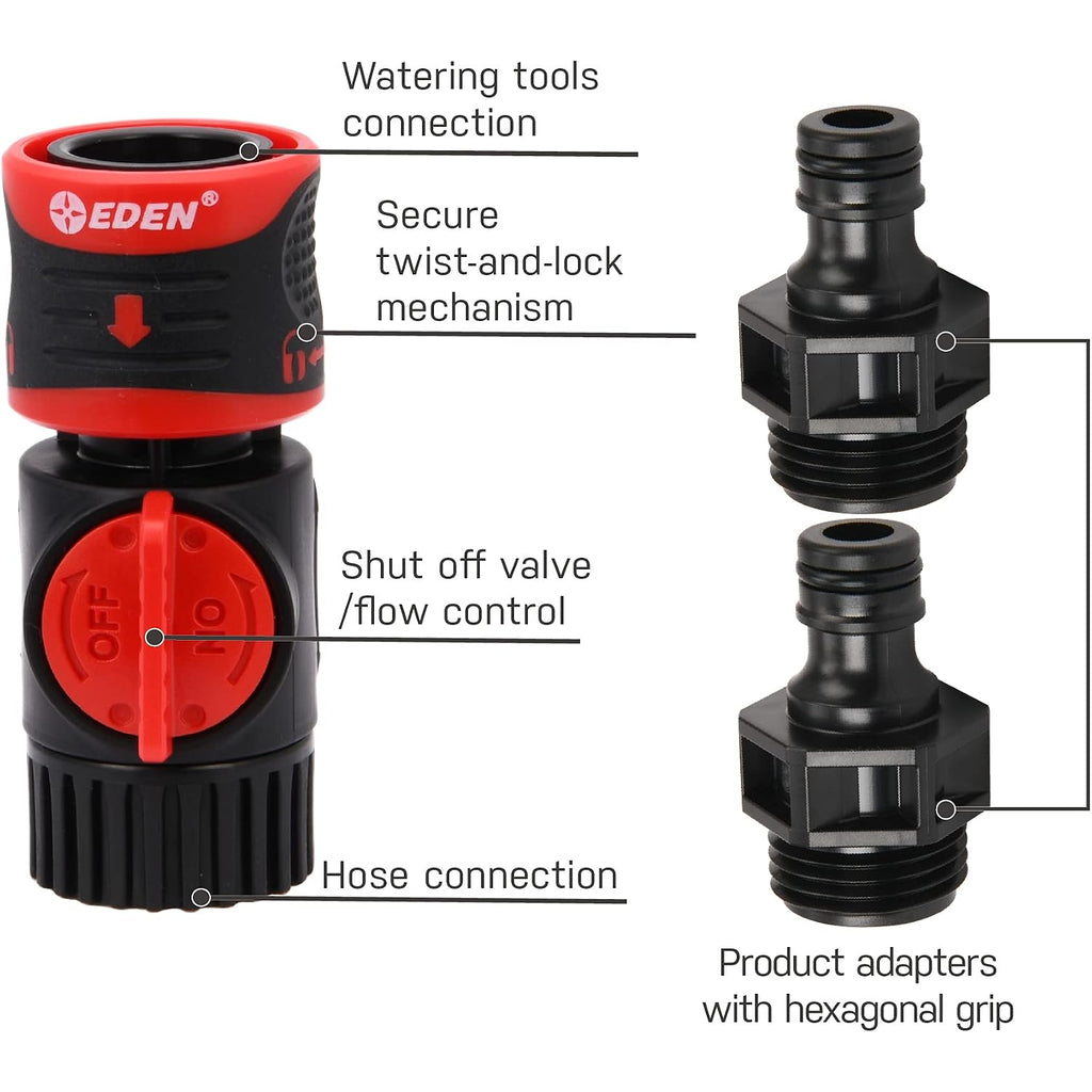 Eden 93218 Premium Garden Hose Quick Connect Kit | 9-Piece / 3-Pair Snap & Lock Fittings And Adapters With Water Stop, Flow Control, Secure Twist-Lock Design
