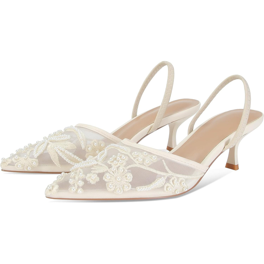 Embroidered Kitten Heels For Women Pointed Toe Mesh Floral Slingback Heeled Sandals With Pearl Slip On Backless Bridal Wedding Sandals Shoes