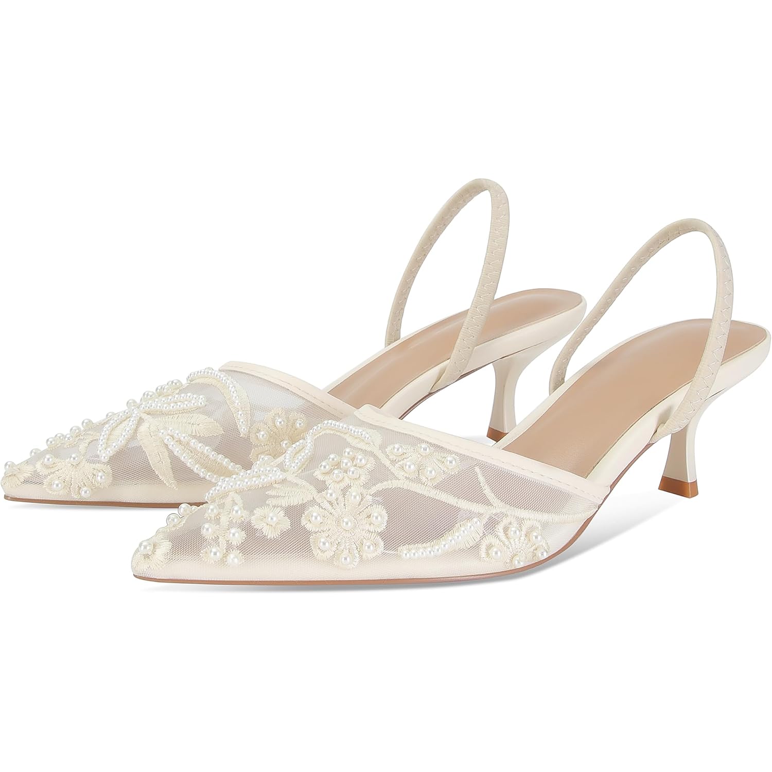 Embroidered Kitten Heels For Women Pointed Toe Mesh Floral Slingback Heeled Sandals With Pearl Slip On Backless Bridal Wedding Sandals Shoes
