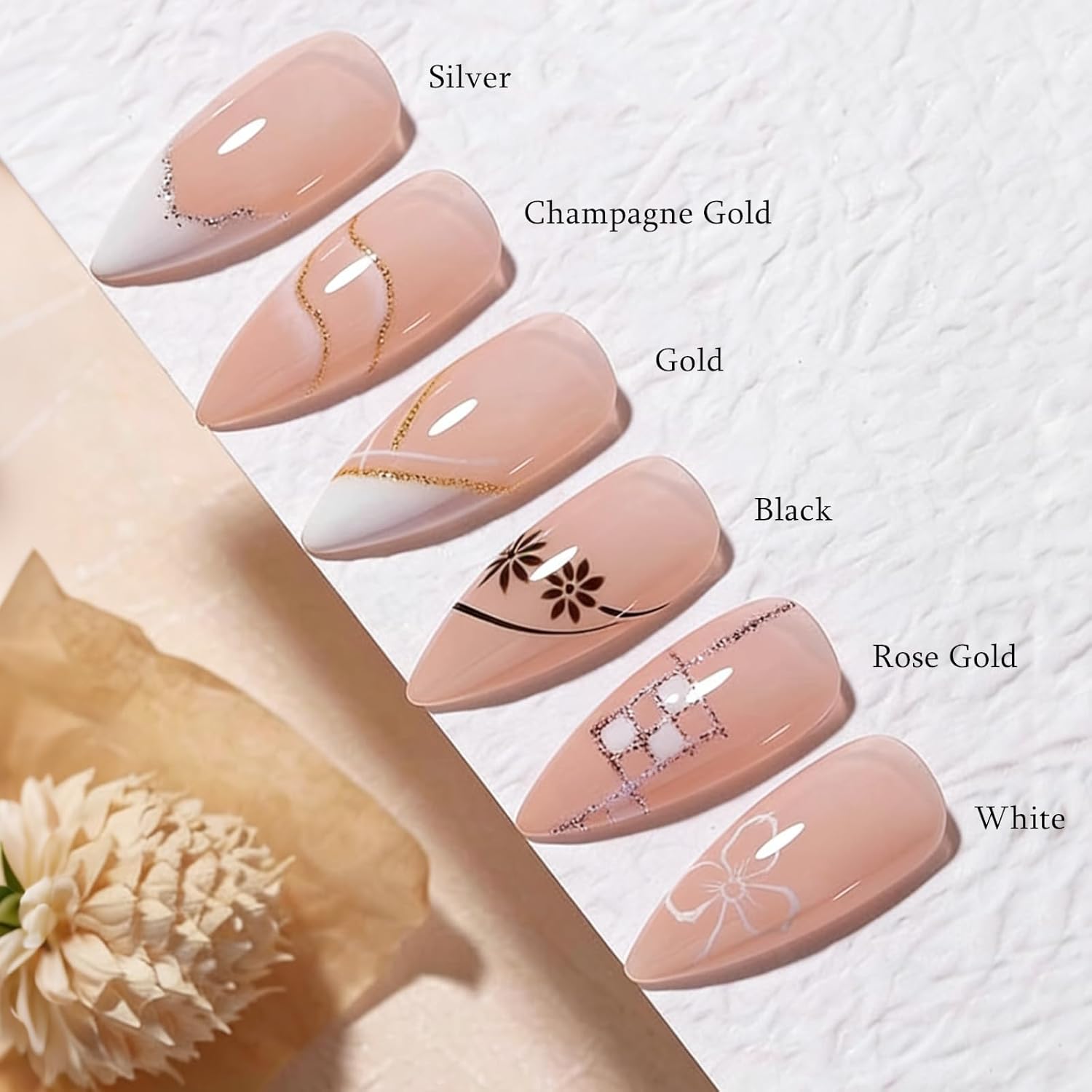 TWOEIGHT 6 Pcs 8 ML Gel Liner Polish Nail Art Set Chrome Metallic Glitter Soak Off Gel Polish Kit Nail Art Manicure Salon DIY at Home for Women (Silver Gold Rose Gold Purple Gold Black White)