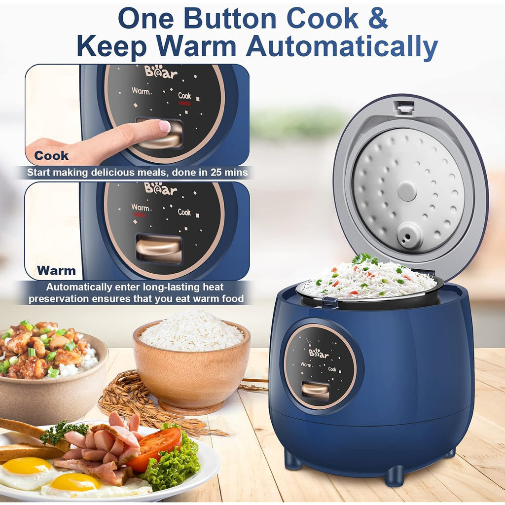 Bear Mini Rice Cooker, 2-Cup Uncooked, Nonstick, Keep Warm, Bpa Free, Blue | Portable 1.2L Nonstick Small Rice Cooker For Travel, Dorm, Single Serve, One-Touch Operation, Removable Pot, Auto Keep Warm
