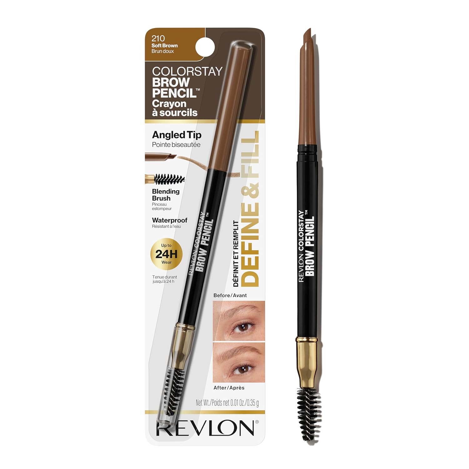 Revlon ColorStay Eyebrow Pencil with Spoolie Brush, Waterproof, Hair-Like Strokes for Natural Looking Brows, 210 Soft Brown, 0.021 oz