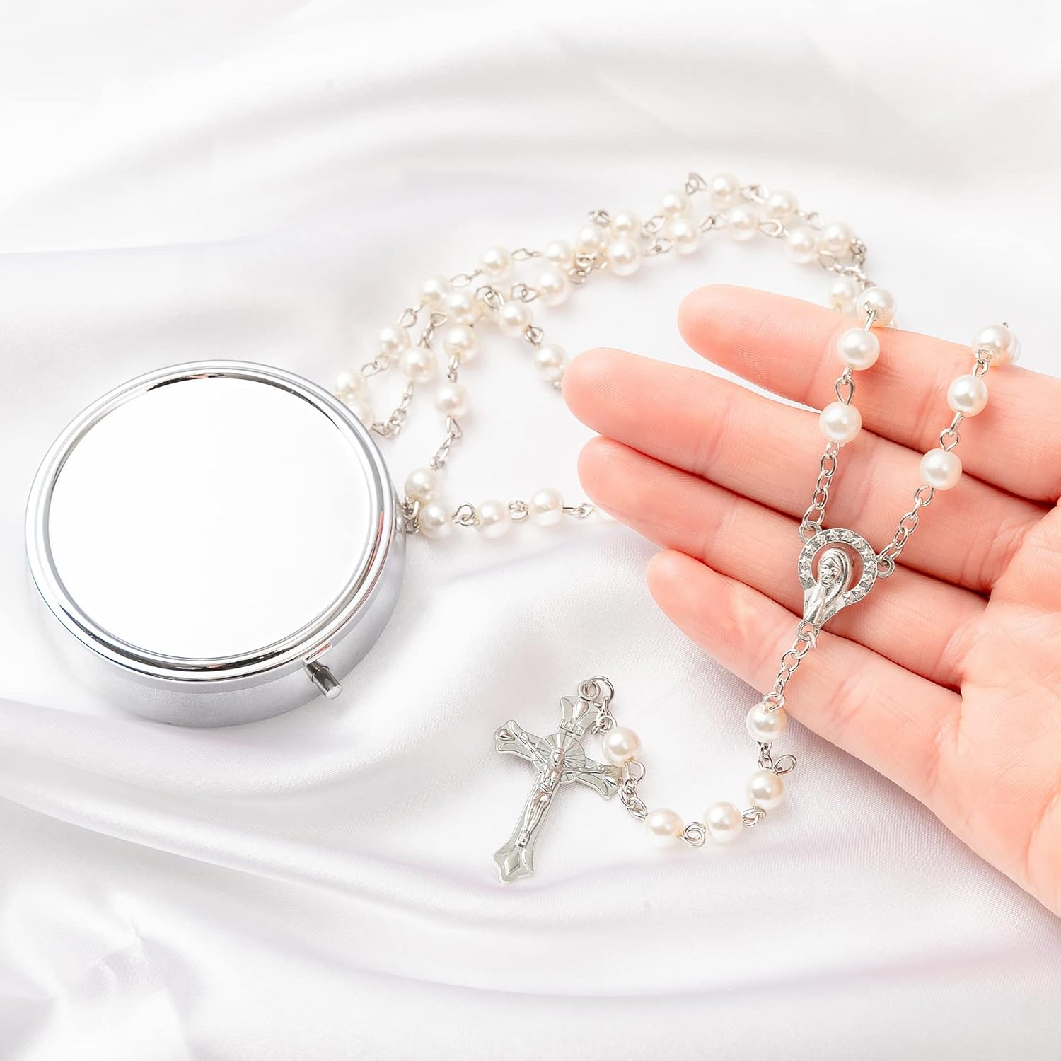 Rosary Beads Catholic - Confirmation Gifts for Teenage Girl, Silver Simple Style Metal Gift Box, White Artificial Pearls Rosary, Gifts for Women